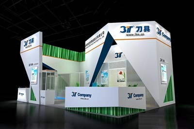54平米展臺(tái)設(shè)計(jì)制作：二面開口/現(xiàn)代/木質(zhì)結(jié)構(gòu)/白色，為機(jī)械展展商而作（免費(fèi)使用）