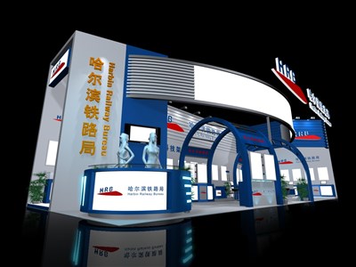 102平米展臺設(shè)計制作：二面開口/現(xiàn)代/木質(zhì)結(jié)構(gòu)/藍(lán)色，為機(jī)械展展商而作（免費(fèi)使用）