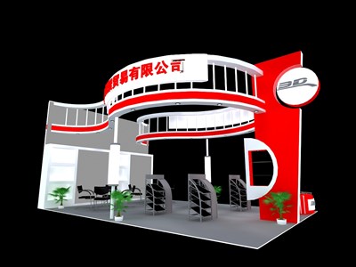 54平米展臺設計制作：三面開口/現代/木質結構/紅色，為汽配展展商而作（免費使用）