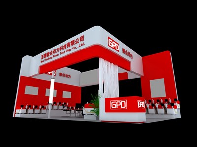 54平米展臺設計制作：三面開口/現(xiàn)代/木質(zhì)結(jié)構(gòu)/紅色，為汽配展展商而作（免費使用）