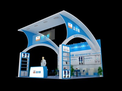 36平米展臺(tái)設(shè)計(jì)制作：三面開口/前衛(wèi)/木質(zhì)結(jié)構(gòu)/藍(lán)色，為汽配展展商而作（免費(fèi)使用）