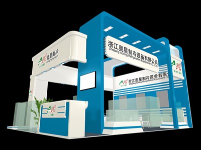 48平米展臺設計制作：三面開口/現(xiàn)代/木質結構/藍色，為汽配展展商而作（免費使用）
