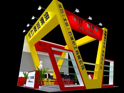36平米展臺設(shè)計制作：三面開口/現(xiàn)代/木質(zhì)結(jié)構(gòu)/黃色，為汽配展展商而作（免費使用）