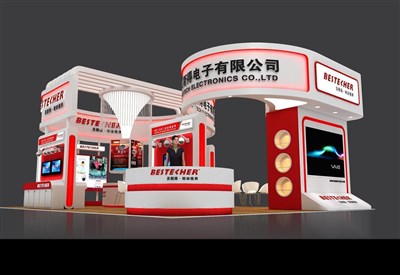 108平米展臺設(shè)計制作：四面開口/前衛(wèi)/木質(zhì)結(jié)構(gòu)/紅色，為電子展展商而作（免費使用）