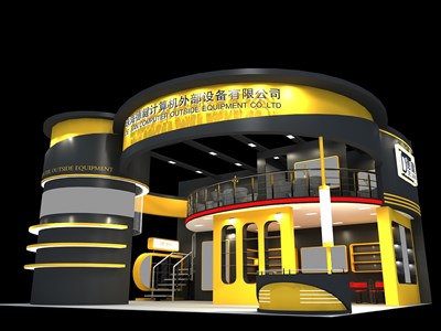 99平米展臺設(shè)計制作：三面開口/現(xiàn)代/雙層結(jié)構(gòu)/黃色，為電子展展商而作（免費使用）