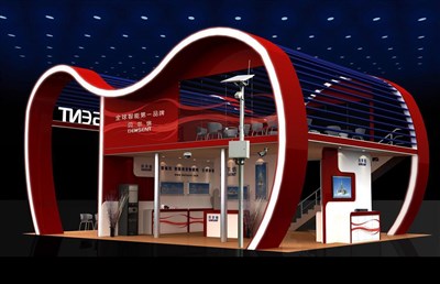 108平米展臺設(shè)計制作：四面開口/現(xiàn)代/雙層結(jié)構(gòu)/紅色，為電子展展商而作（免費使用）