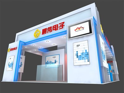 54平米展臺(tái)設(shè)計(jì)制作：三面開口/前衛(wèi)/木質(zhì)結(jié)構(gòu)/藍(lán)色，為電子展展商而作（免費(fèi)使用）