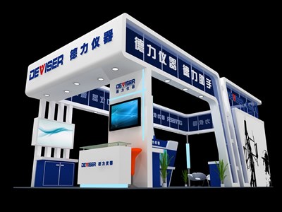 50平米展臺設(shè)計制作：四面開口/現(xiàn)代/木質(zhì)結(jié)構(gòu)/藍(lán)色，為電子展展商而作（免費使用）
