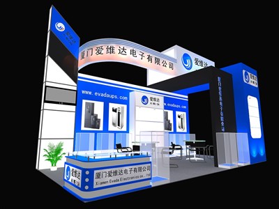 18平米展臺設(shè)計制作：三面開口/現(xiàn)代/木質(zhì)結(jié)構(gòu)/藍(lán)色，為電子展展商而作（免費(fèi)使用）