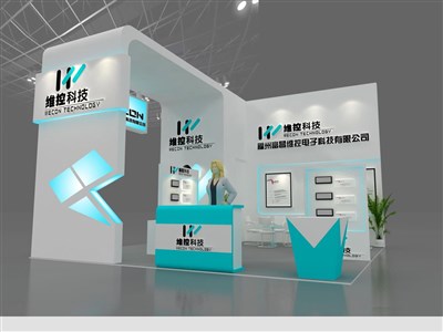 36平米展臺設(shè)計制作：三面開口/現(xiàn)代/木質(zhì)結(jié)構(gòu)/藍色，為電子展展商而作（免費使用）