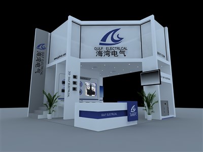 36平米展臺(tái)設(shè)計(jì)制作：三面開口/現(xiàn)代/木質(zhì)結(jié)構(gòu)/藍(lán)色，為電子展展商而作（免費(fèi)使用）