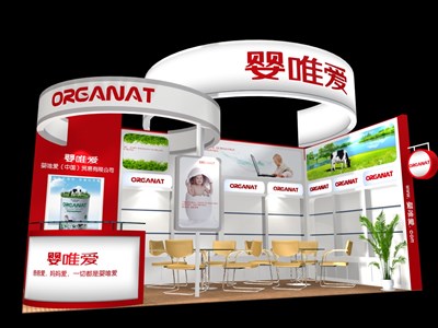18平米展臺(tái)設(shè)計(jì)制作：一面開口/現(xiàn)代/木質(zhì)結(jié)構(gòu)/紅色，為嬰幼展展商而作（免費(fèi)使用）