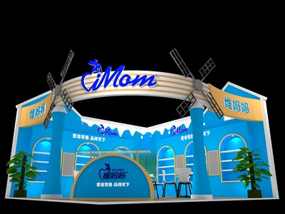 36平米展臺設(shè)計制作：一面開口/現(xiàn)代/木質(zhì)結(jié)構(gòu)/藍色，為嬰幼展展商而作（免費使用）