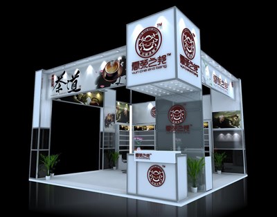 36平米展臺(tái)設(shè)計(jì)制作：三面開口/現(xiàn)代/木質(zhì)結(jié)構(gòu)/白色，為茶博會(huì)展商而作（免費(fèi)使用）