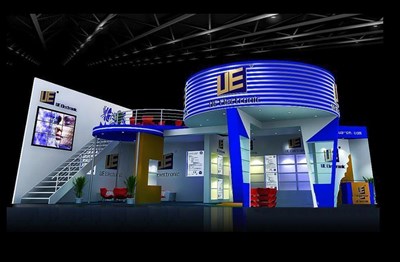 120平米展臺設(shè)計制作：二面開口/前衛(wèi)/雙層結(jié)構(gòu)/藍(lán)色，為電子展展商而作（免費使用）