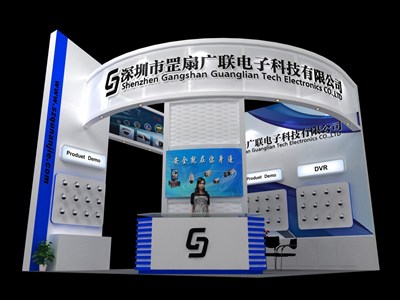 36平米展臺設(shè)計制作：三面開口/前衛(wèi)/木質(zhì)結(jié)構(gòu)/藍(lán)色，為電子展展商而作（免費(fèi)使用）