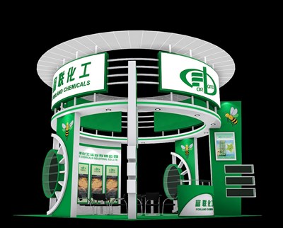 36平米展臺設(shè)計制作：四面開口/現(xiàn)代/木質(zhì)結(jié)構(gòu)/綠色，為化工展展商而作（免費使用）
