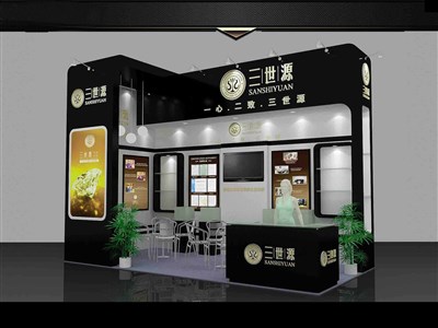 18平米展臺設計制作：二面開口/現(xiàn)代/型材結構/黑色，為糖酒展展商而作（免費使用）