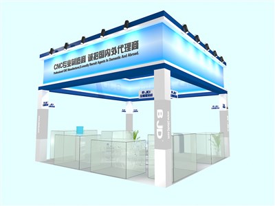 36平米展臺設(shè)計制作：四面開口/現(xiàn)代/木質(zhì)結(jié)構(gòu)/藍色，為綜合展展商而作（免費使用）