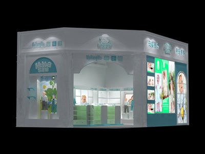 54平米展臺設(shè)計制作：一面開口/現(xiàn)代/木質(zhì)結(jié)構(gòu)/藍(lán)色，為嬰幼展展商而作（免費使用）