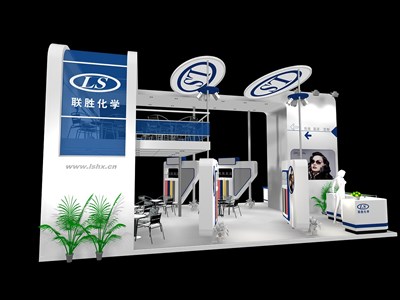 63平米展臺設(shè)計制作：三面開口/現(xiàn)代/木質(zhì)結(jié)構(gòu)/白色，為化工展展商而作（免費(fèi)使用）