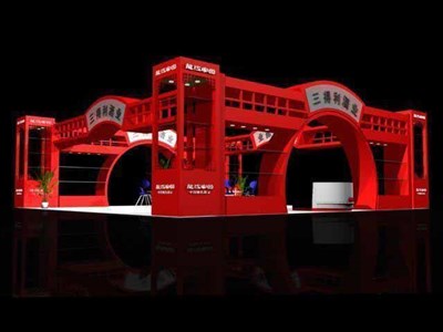 100平米展臺設(shè)計制作：四面開口/中式/木質(zhì)結(jié)構(gòu)/紅色，為糖酒展展商而作（免費使用）
