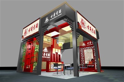 36平米展臺設(shè)計(jì)制作：三面開口/中式/木質(zhì)結(jié)構(gòu)/灰色，為糖酒展展商而作（免費(fèi)使用）