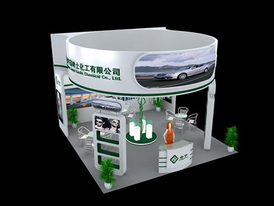 36平米展臺設(shè)計制作：三面開口/現(xiàn)代/木質(zhì)結(jié)構(gòu)/白色，為化工展展商而作（免費使用）