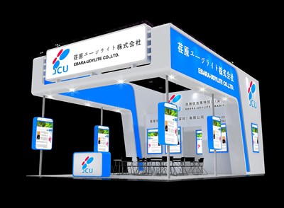 54平米展臺設(shè)計制作：三面開口/現(xiàn)代/木質(zhì)結(jié)構(gòu)/藍(lán)色，為綜合展展商而作（免費(fèi)使用）