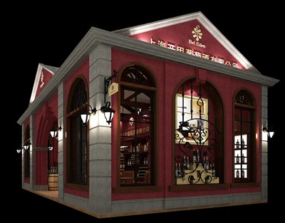 72平米展臺設計制作：一面開口/歐式/型材結構/紅色，為糖酒展展商而作（免費使用）