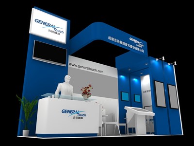 12平米展臺設(shè)計制作：二面開口/現(xiàn)代/木質(zhì)結(jié)構(gòu)/藍(lán)色，為電子展展商而作（免費(fèi)使用）