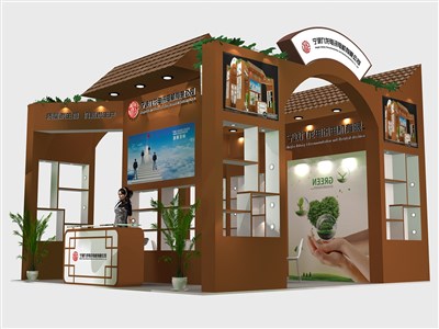 36平米展臺設計制作：三面開口/中式/木質結構/咖啡色，為電子展展商而作（免費使用）