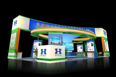 72平米展臺設(shè)計制作：四面開口/現(xiàn)代/木質(zhì)結(jié)構(gòu)/綠色，為化工展展商而作（免費使用）