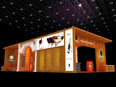 200平米展臺設(shè)計制作：四面開口/中式/木質(zhì)結(jié)構(gòu)/黃色，為糖酒展展商而作（免費使用）