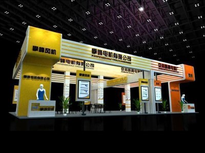 150平米展臺設計制作：四面開口/現(xiàn)代/木質結構/黃色，為電子展展商而作（免費使用）
