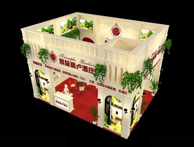 48平米展臺設(shè)計制作：二面開口/歐式/木質(zhì)結(jié)構(gòu)/米色，為糖酒展展商而作（免費(fèi)使用）