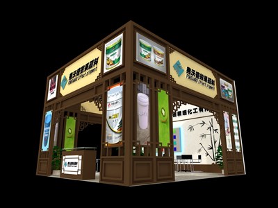 42平米展臺設(shè)計(jì)制作：四面開口/中式/木質(zhì)結(jié)構(gòu)/咖啡色，為化工展展商而作（免費(fèi)使用）