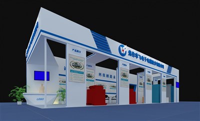 120平米展臺設計制作：二面開口/前衛(wèi)/木質(zhì)結構/藍色，為電子展展商而作（免費使用）