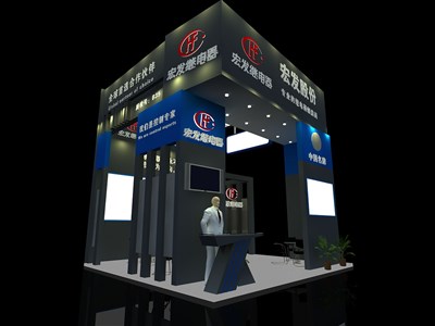 36平米展臺(tái)設(shè)計(jì)制作：三面開口/前衛(wèi)/木質(zhì)結(jié)構(gòu)/黑色，為電子展展商而作（免費(fèi)使用）