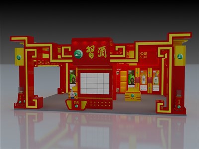 168平米展臺設(shè)計制作：三面開口/中式/木質(zhì)結(jié)構(gòu)/紅色，為糖酒展展商而作（免費使用）