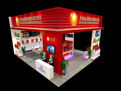 72平米展臺設(shè)計制作：三面開口/現(xiàn)代/木質(zhì)結(jié)構(gòu)/紅色，為化工展展商而作（免費使用）