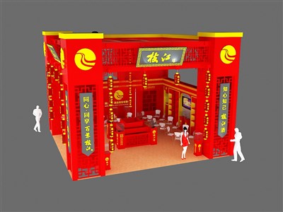 64平米展臺設計制作：二面開口/中式/木質結構/紅色，為糖酒展展商而作（免費使用）