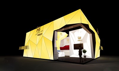 108平米展臺設計制作：二面開口/現(xiàn)代/木質(zhì)結構/黃色，為綜合展展商而作（免費使用）