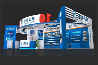 60.5平米展臺(tái)設(shè)計(jì)制作：三面開口/現(xiàn)代/型材結(jié)構(gòu)/藍(lán)色，為電子展展商而作（免費(fèi)使用）