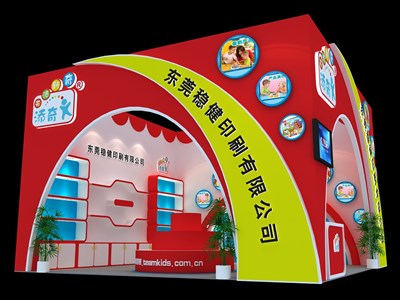 36平米展臺設計制作：一面開口/現代/木質結構/紅色，為嬰幼展展商而作（免費使用）