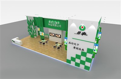 90平米展臺設(shè)計制作：二面開口/現(xiàn)代/木質(zhì)結(jié)構(gòu)/綠色，為綜合展展商而作（免費使用）