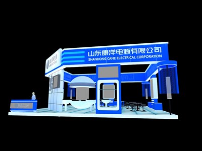 144平米展臺設計制作：四面開口/現(xiàn)代/型材結構/藍色，為電子展展商而作（免費使用）