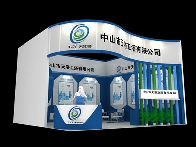 36平米展臺設(shè)計制作：一面開口/現(xiàn)代/木質(zhì)結(jié)構(gòu)/藍(lán)色，為衛(wèi)浴展展商而作（免費使用）