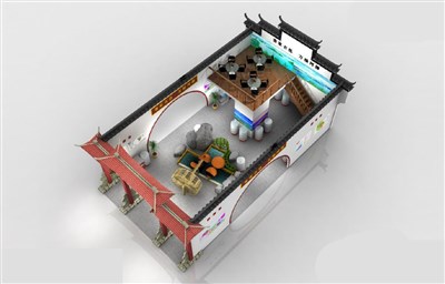 91平米展臺設(shè)計(jì)制作：三面開口/中式/雙層結(jié)構(gòu)/彩色，為綜合展展商而作（免費(fèi)使用）