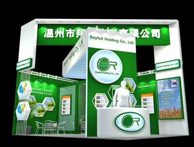 27平米展臺(tái)設(shè)計(jì)制作：二面開(kāi)口/現(xiàn)代/木質(zhì)結(jié)構(gòu)/綠色，為化工展展商而作（免費(fèi)使用）